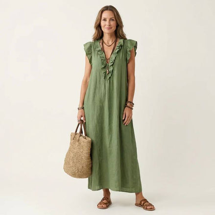 Josette Ruffle V-Neck Linen Maxi Dress