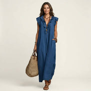 Josette Ruffle V-Neck Linen Maxi Dress
