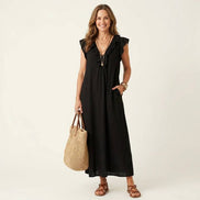Josette Ruffle V-Neck Linen Maxi Dress