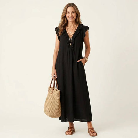 Josette Ruffle V-Neck Linen Maxi Dress