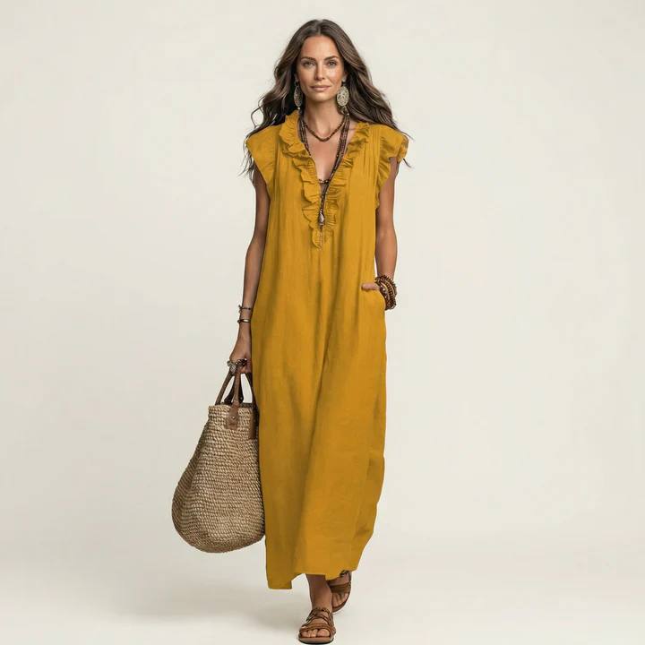 Josette Ruffle V-Neck Linen Maxi Dress