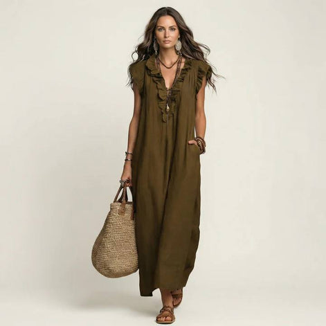 Josette Ruffle V-Neck Linen Maxi Dress