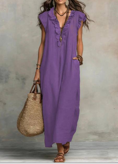 Josette Ruffle V-Neck Linen Maxi Dress