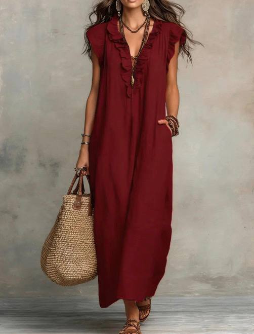Josette Ruffle V-Neck Linen Maxi Dress