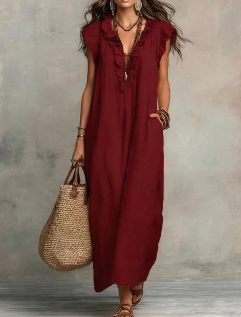 Josette Ruffle V-Neck Linen Maxi Dress