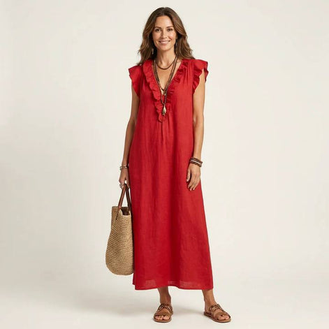 Josette Ruffle V-Neck Linen Maxi Dress
