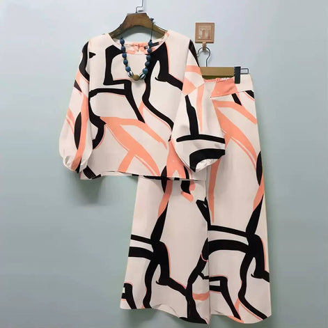 Printed two-piece set in pink, top and wide-leg pants