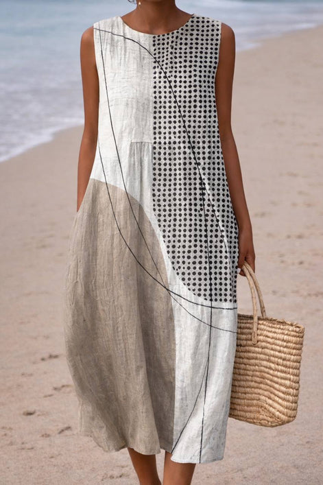 Abstract Patchwork Sleeveless Midi Dress