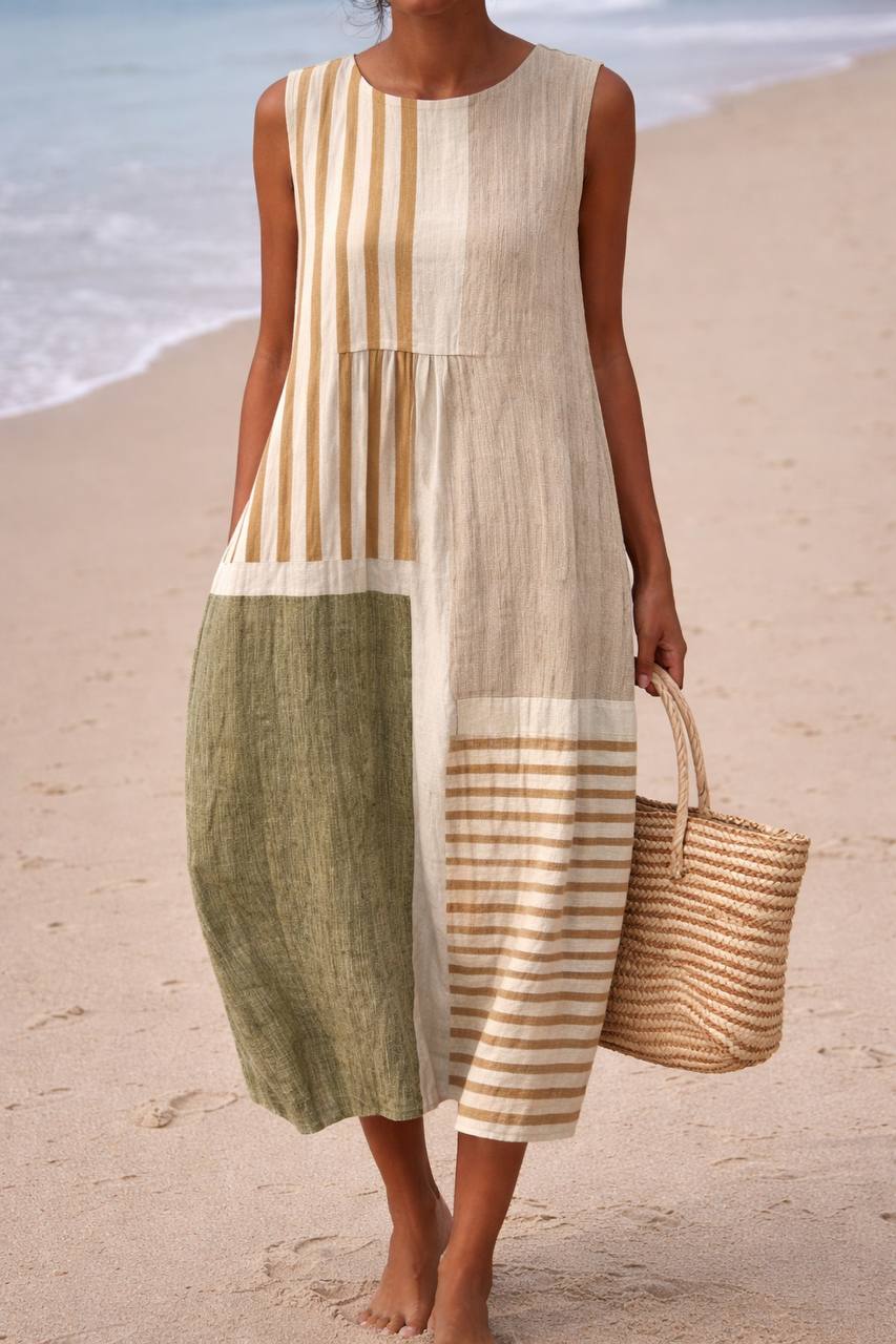 Patchwork Striped Sleeveless Midi Dress