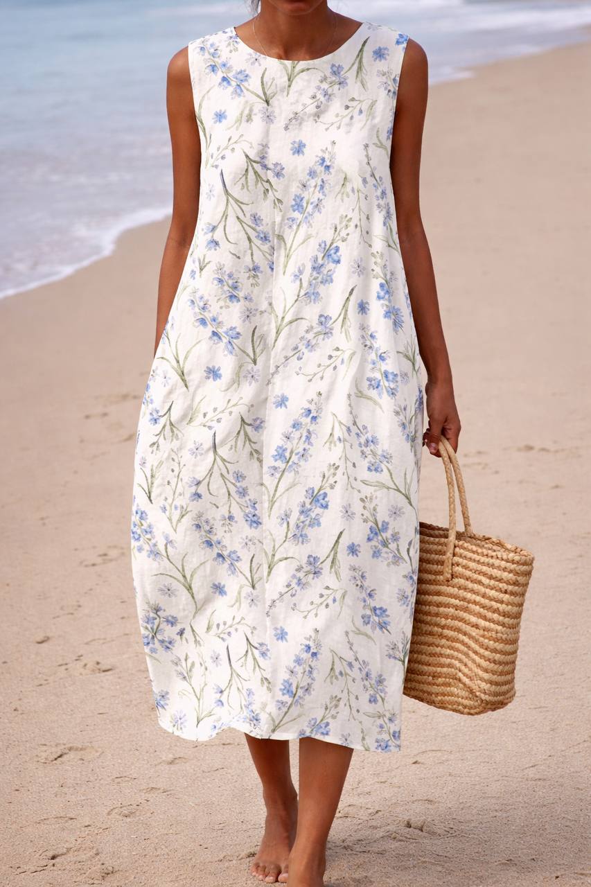 Delicate Floral Print Sleeveless Midi Dress