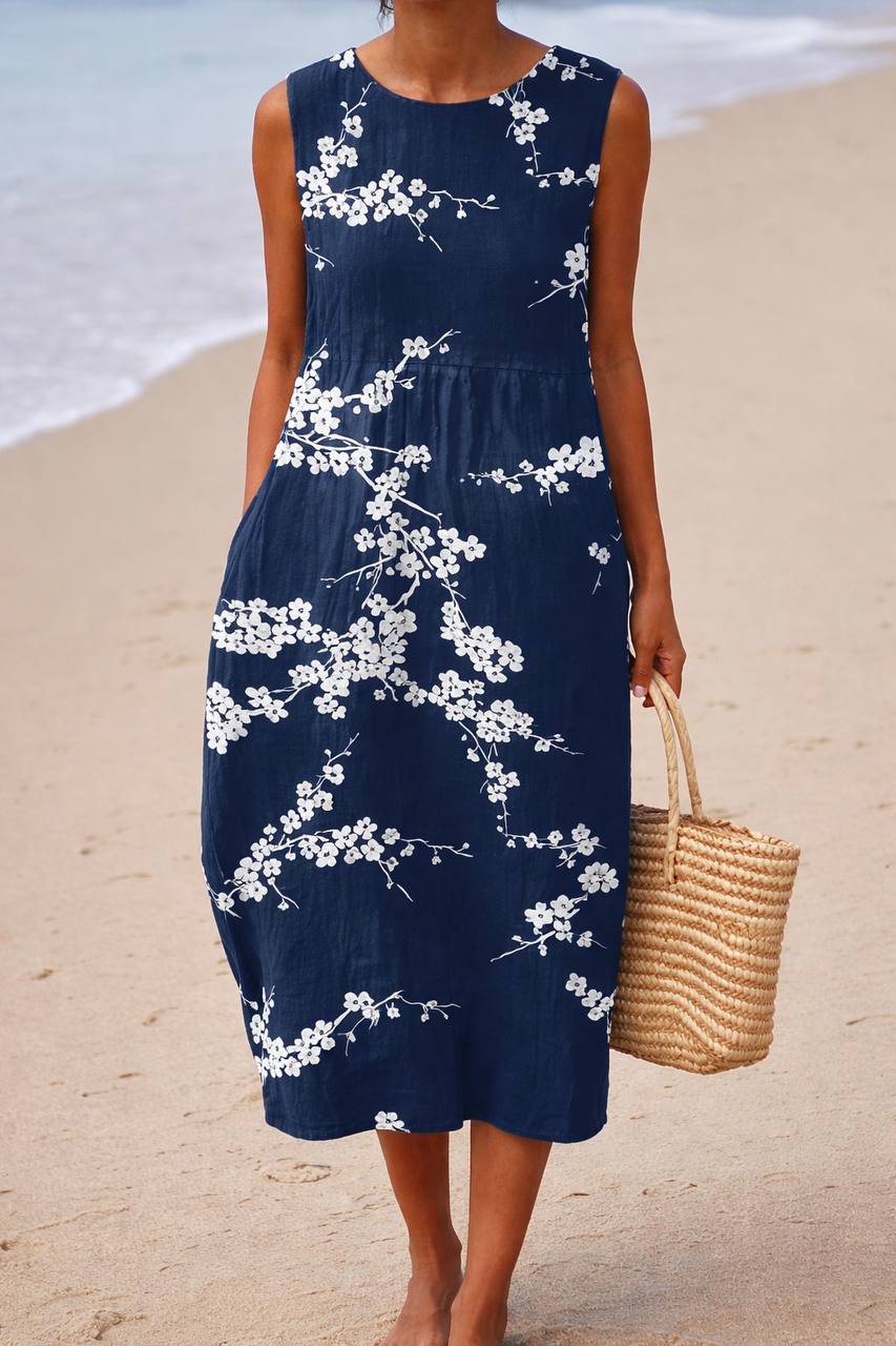Elegant Blossom Print Sleeveless Midi Dress