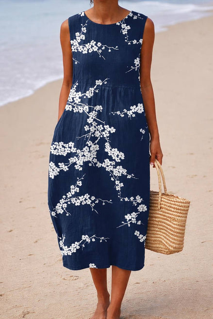 Elegant Blossom Print Sleeveless Midi Dress