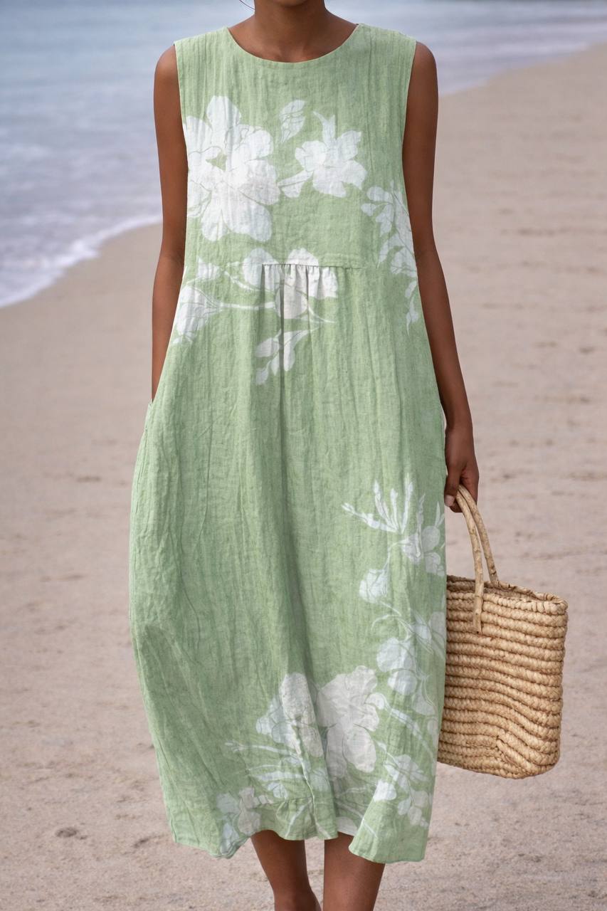 Soft Floral Print Sleeveless Midi Dress