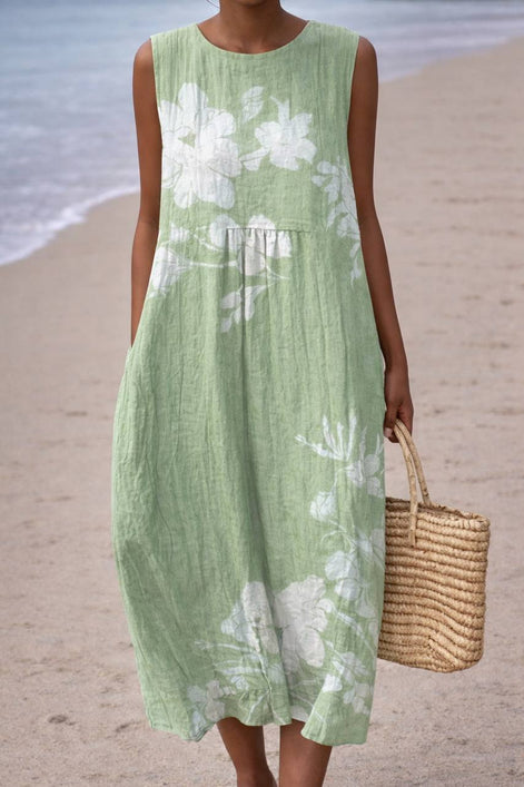 Soft Floral Print Sleeveless Midi Dress