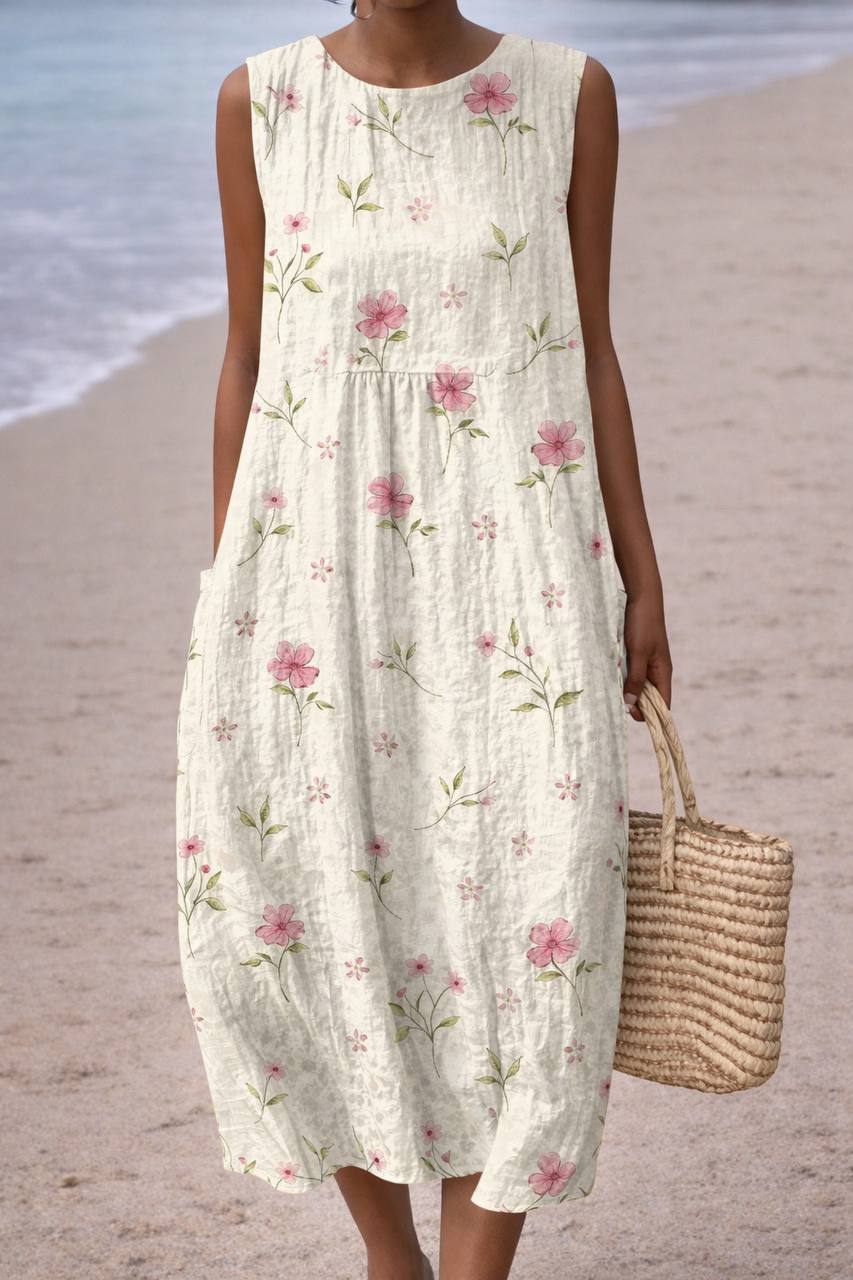Soft Blossom Print Sleeveless Midi Dress