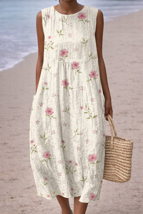 Soft Blossom Print Sleeveless Midi Dress