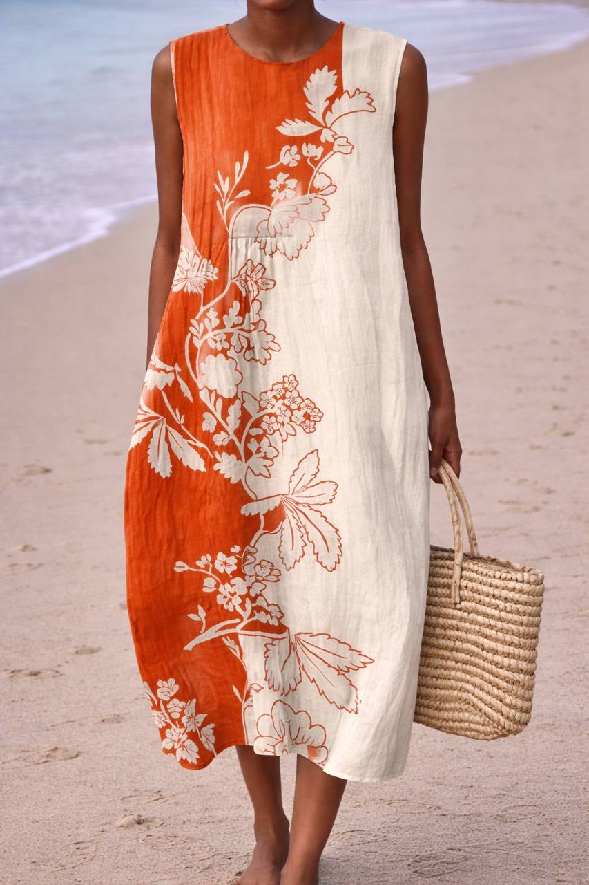Artistic Floral Contrast Sleeveless Midi Dress