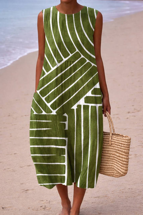 Abstract Line Print Sleeveless Midi Dress