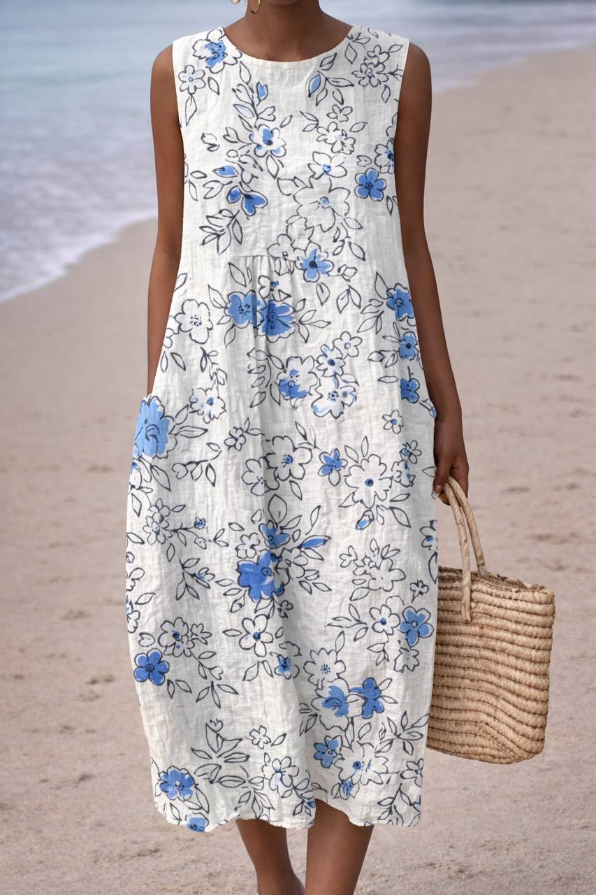 Elegant Floral Sketch Sleeveless Midi Dress