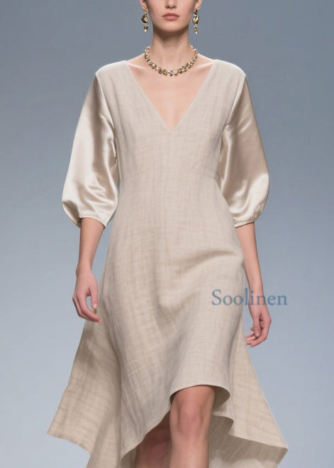 Linen silk summer dress - color-block patchwork detail close-up