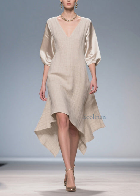 V-Neck Patchwork Linen Silk Summer Dress