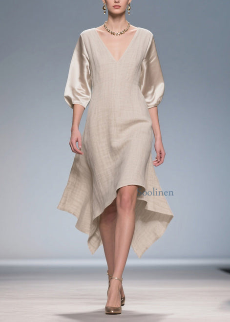 V-Neck Patchwork Linen Silk Summer Dress