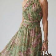 Gathered halter neckline detail on floral midi dress