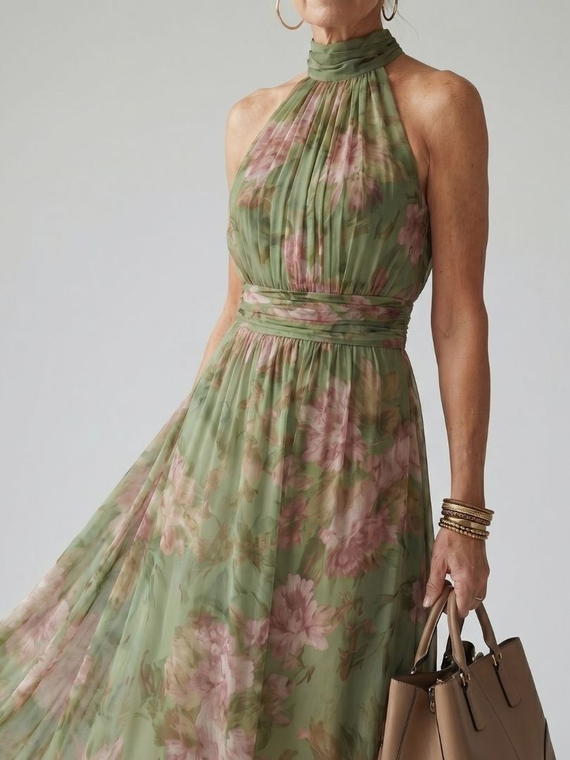 Gathered halter neckline detail on floral midi dress
