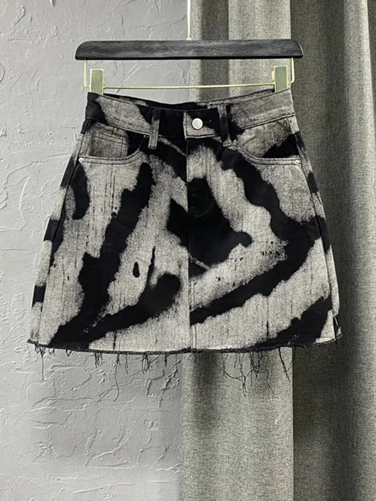 Contrast Print High-Waist Denim A-Line Skirt