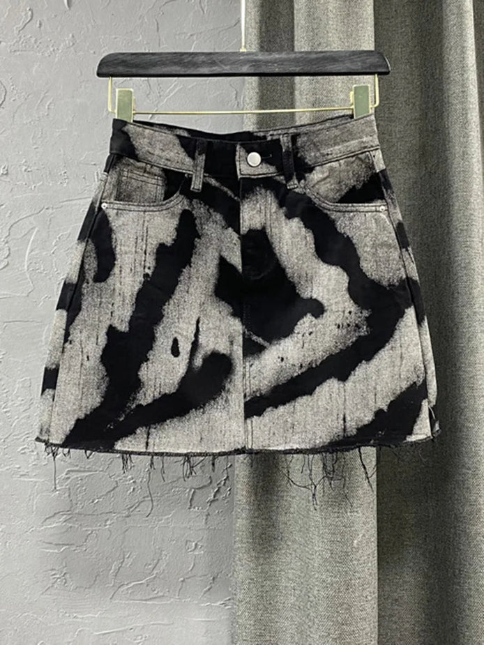 Contrast Print High-Waist Denim A-Line Skirt