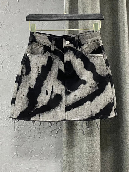 Contrast Print High-Waist Denim A-Line Skirt