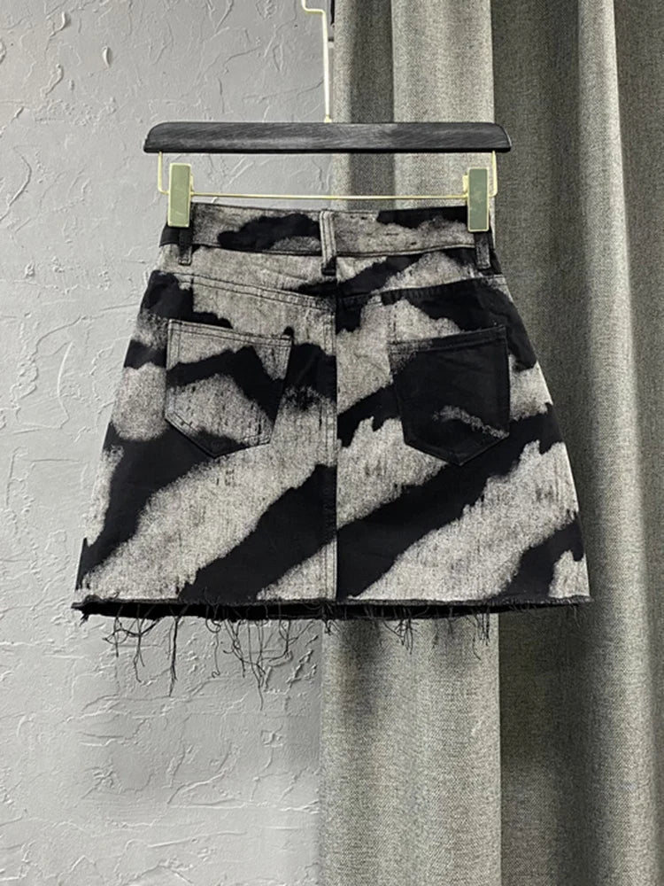 Contrast Print High-Waist Denim A-Line Skirt