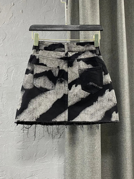 Contrast Print High-Waist Denim A-Line Skirt