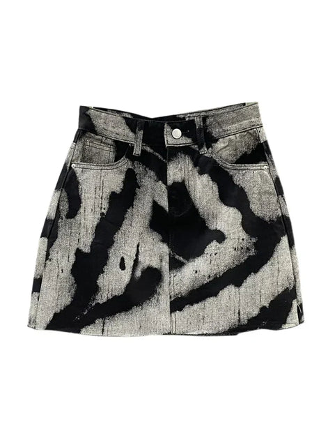 Contrast Print High-Waist Denim A-Line Skirt
