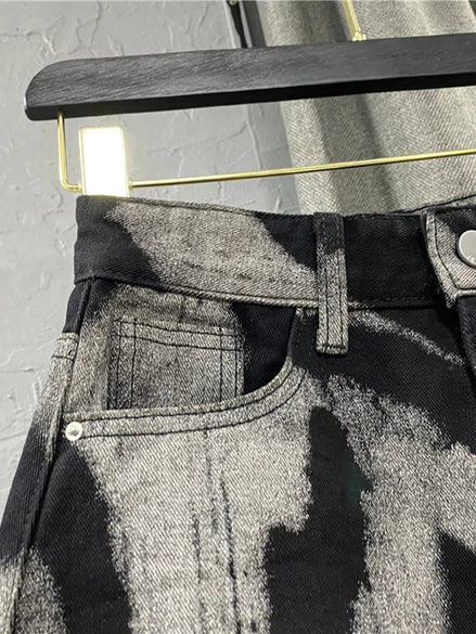 Contrast Print High-Waist Denim A-Line Skirt