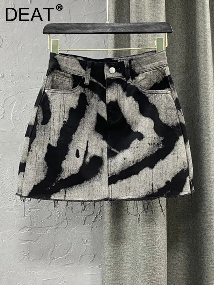 Contrast Print High-Waist Denim A-Line Skirt