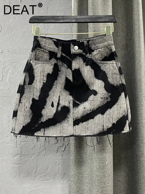 Contrast Print High-Waist Denim A-Line Skirt