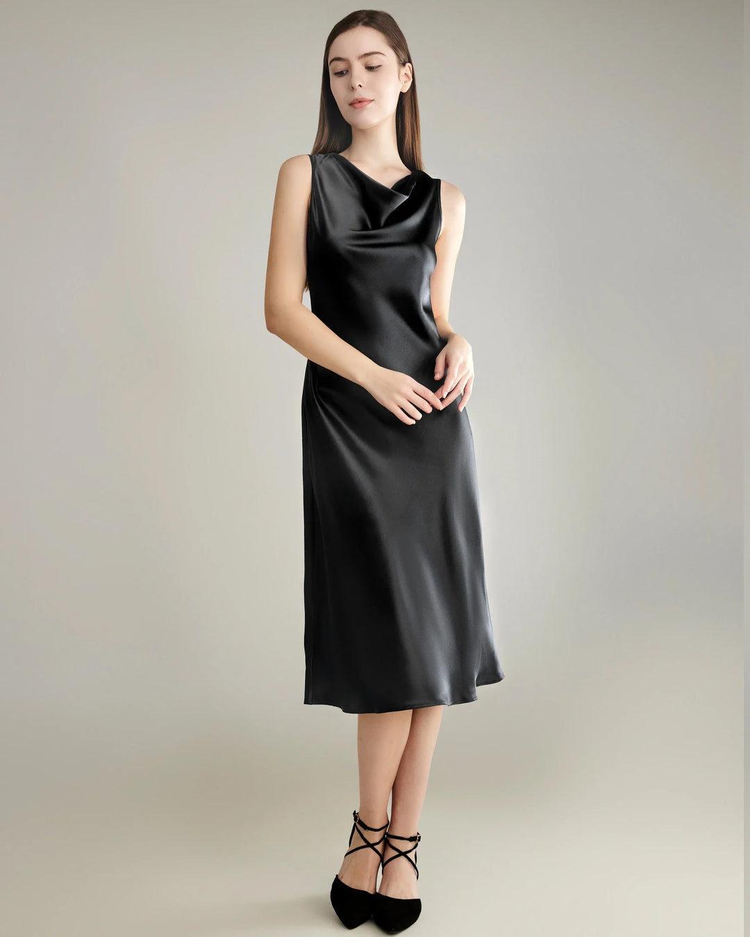 Asymmetrical Cowl Neck Silk Dress
