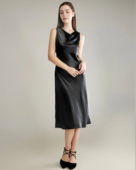 Asymmetrical Cowl Neck Silk Dress