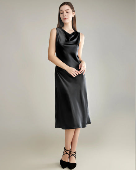 Asymmetrical Cowl Neck Silk Dress
