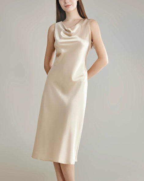 Asymmetrical Cowl Neck Silk Dress