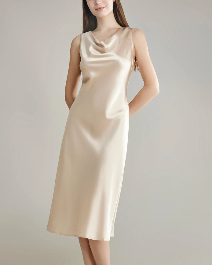 Asymmetrical Cowl Neck Silk Dress