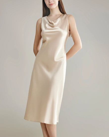 Asymmetrical Cowl Neck Silk Dress