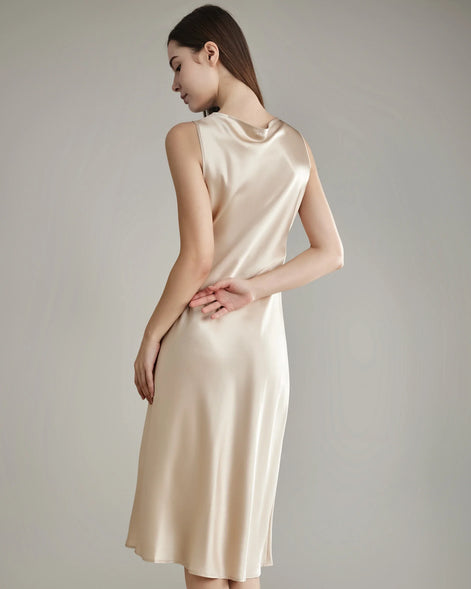 Asymmetrical Cowl Neck Silk Dress