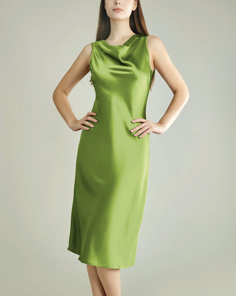 Asymmetrical Cowl Neck Silk Dress