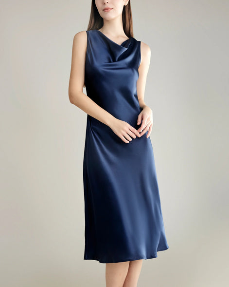 Asymmetrical Cowl Neck Silk Dress
