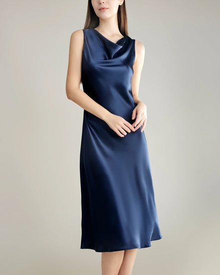 Asymmetrical Cowl Neck Silk Dress