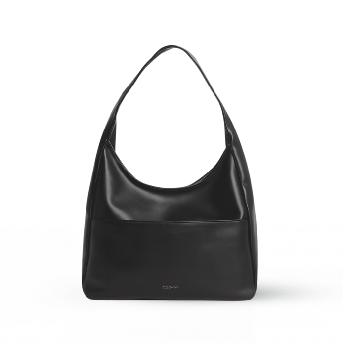 The Maya hobo bag in black leather, front view