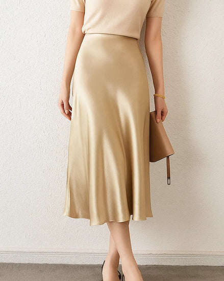 Silk Midi Skirt with Elastic Waistband