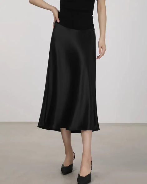 Silk Midi Skirt with Elastic Waistband